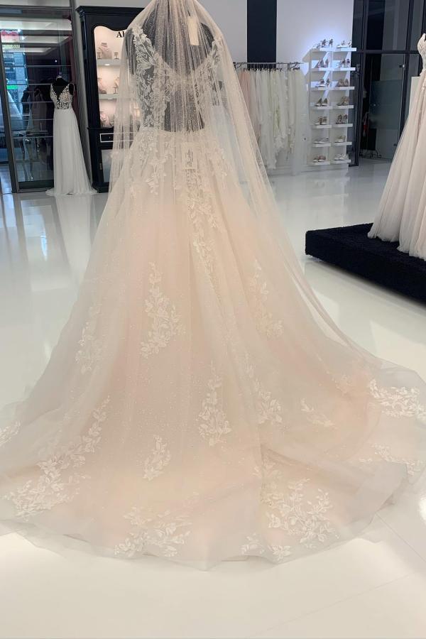 Elegant Long A-line V-neck Tulle Lace Backless Wedding Dresses