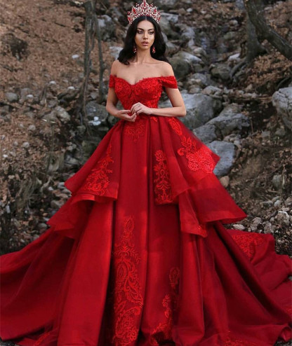 Red Long Off the Shoulder Satin Lace Ball Gown Prom Dress