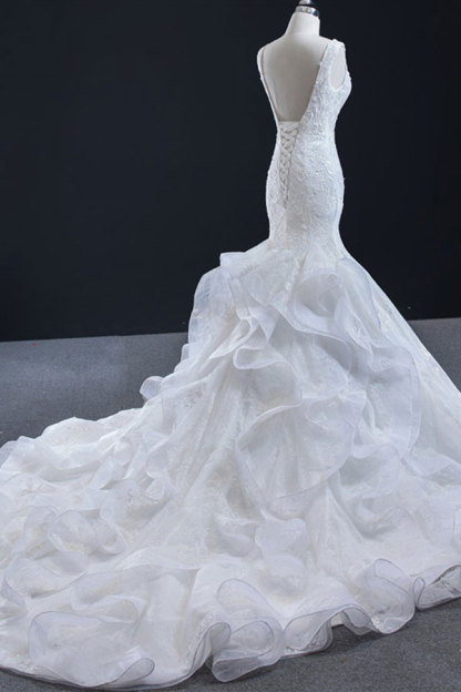Luxury Long V-neck Lace-up Appliqes Lace Mermaid Wedding Dress