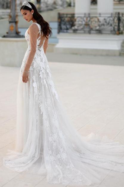 Long Sleeve Tulle Appliques Lace Floor Length Wedding Dress with Beads