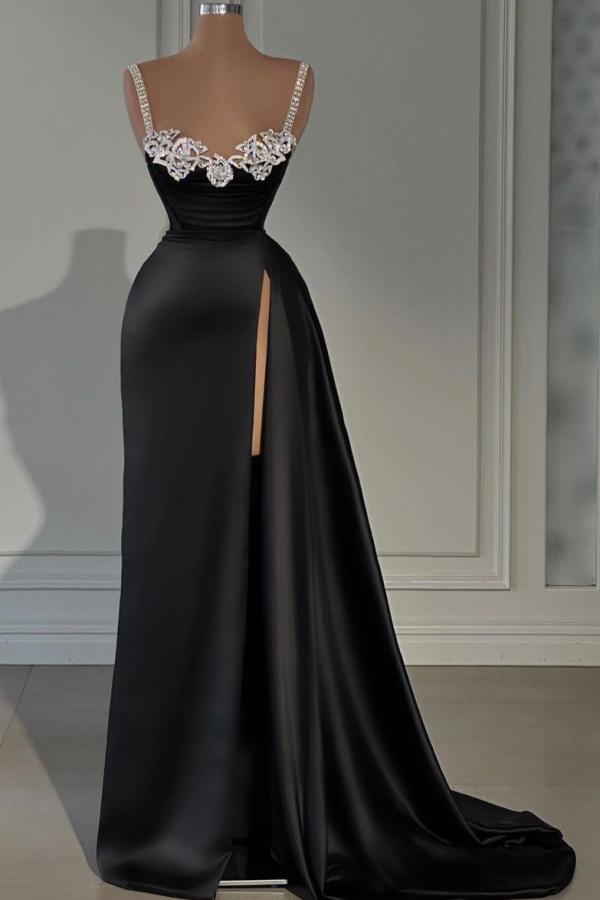 Charming Black Long Mermaid Straps Sweetheart Satin Prom Dress with Side Slit