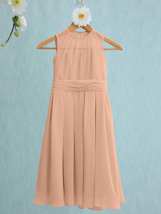 Sky Blue Long A-line Jewel Neck Knee Length Chiffon Junior Bridesmaid Dress