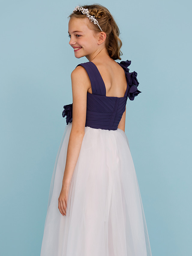 Princess / A-Line Straps Floor Length Chiffon / Tulle Junior Bridesmaid Dress With Criss Cross / Ruched / Flower / Color Block / Floral / Wedding Party