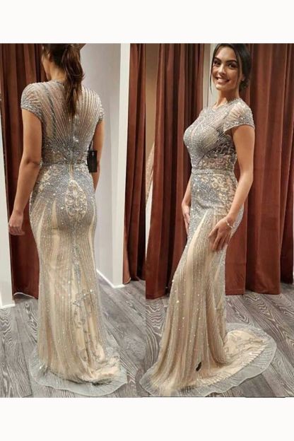 Long Mermaid Jewel Satin Beads Formal Evening Dresses