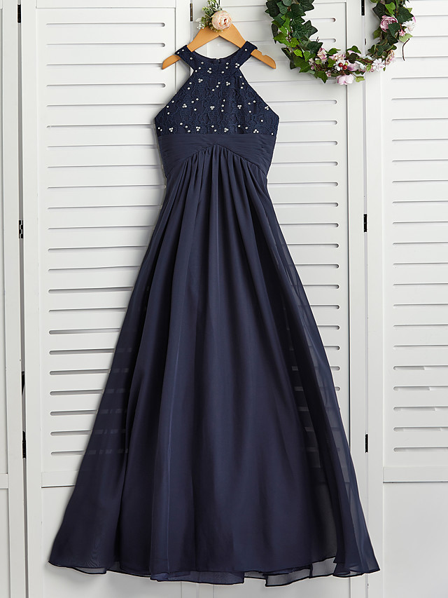 Long A-line Jewel Neck Chiffon Junior Bridesmaid Dress Dark Navy Wedding Party Dresses