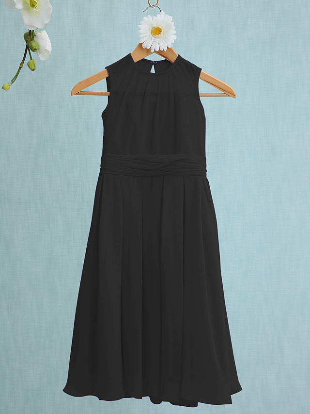 Sky Blue Long A-line Jewel Neck Knee Length Chiffon Junior Bridesmaid Dress