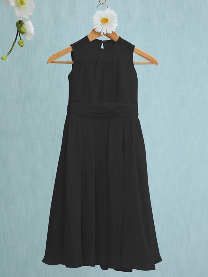 Sky Blue Long A-line Jewel Neck Knee Length Chiffon Junior Bridesmaid Dress