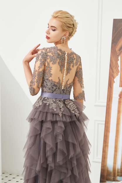 Fabulous Long A-line Jewel Tulle Lace Tulle Prom Dress with Sleeves