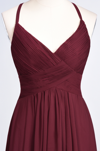A-Line Chiffon Spaghetti-Straps V-Neck Sleeveless Floor-Length Bridesmaid Dress with Ruffles