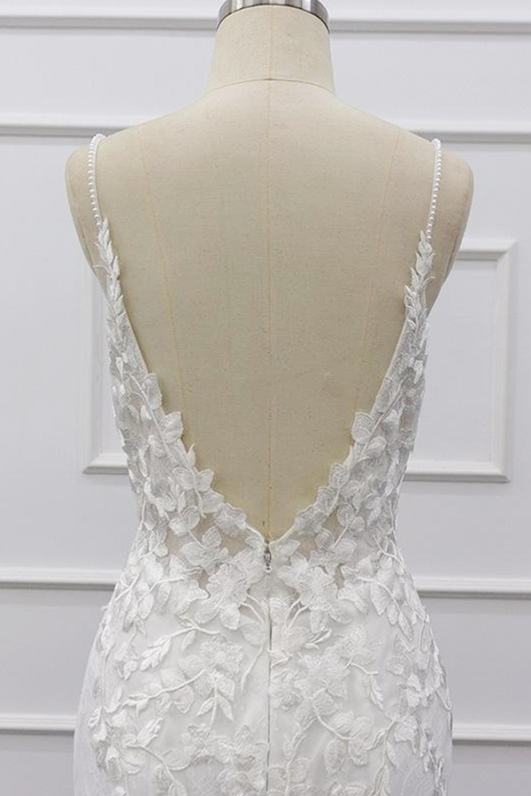 Long Sweetheart Spaghetti Strap Appliques Lace Mermaid Wedding Dress