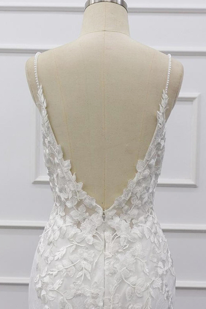 Long Sweetheart Spaghetti Strap Appliques Lace Mermaid Wedding Dress