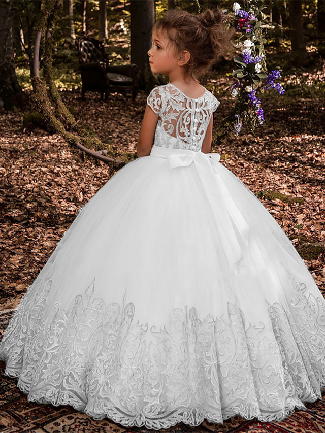 Ivory Long Ball Gown Jewel Neck Tulle Lace Birthday Flower Girl Dresses
