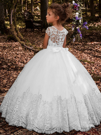 Ivory Long Ball Gown Jewel Neck Tulle Lace Birthday Flower Girl Dresses