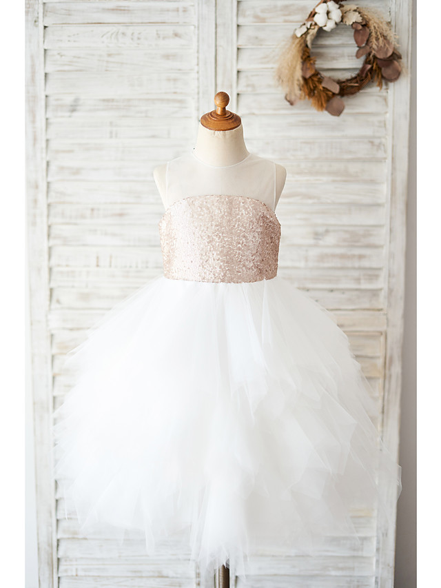 Ball Gown Knee Length Wedding / Birthday Flower Girl Dresses - Tulle / Sequined Sleeveless Jewel Neck With Tiered