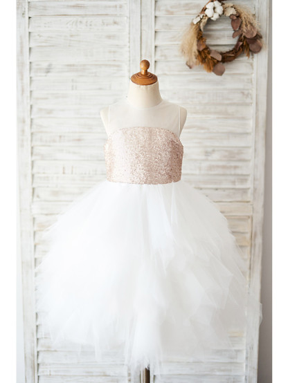Ball Gown Knee Length Wedding / Birthday Flower Girl Dresses - Tulle / Sequined Sleeveless Jewel Neck With Tiered