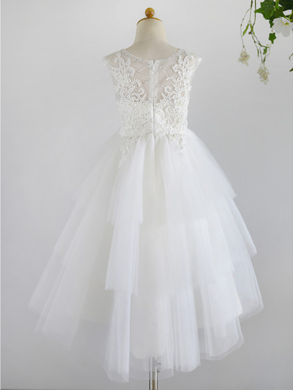 Ball Gown Asymmetrical Wedding / First Communion / Birthday Flower Girl Dresses - Lace / Tulle Sleeveless Jewel Neck With Beading