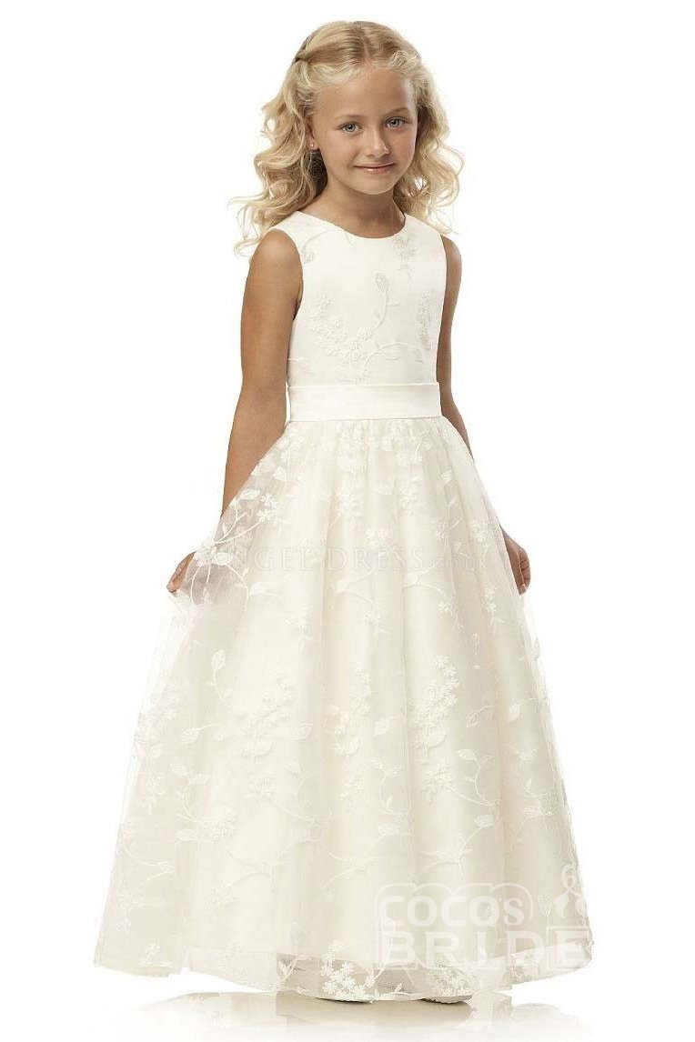 White Scoop Neck Short Sleeveless Ball Gown Flower Girls Dress