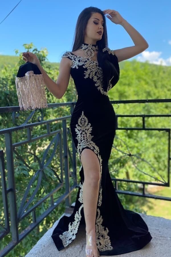 Sexy Black High Neck Appliques Lace Velvet Floor-length Mermaid Prom Dress With Slit
