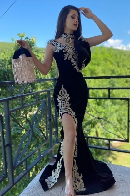 Sexy Black High Neck Appliques Lace Velvet Floor-length Mermaid Prom Dress With Slit