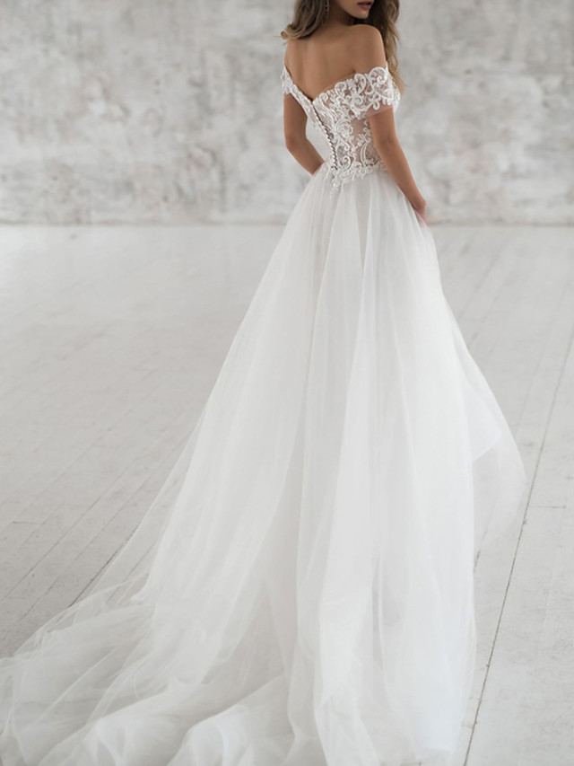 Long Off the Shoulder A-Line Lace Tulle Wedding Dresses with Short Sleeves