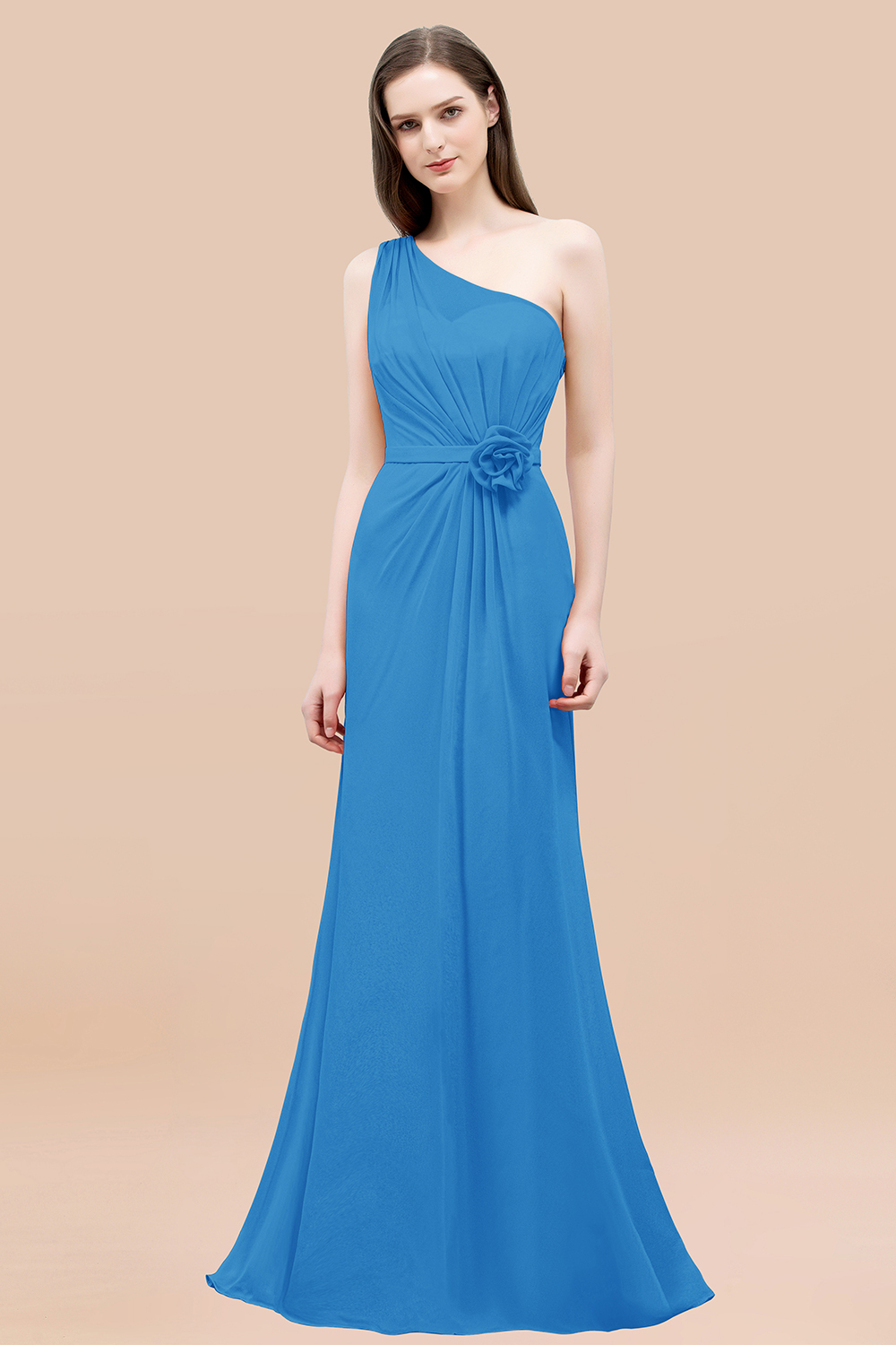 Mermaid Chiffon One-shoulder Sleeveless Ruffled Floor-Length Bridesmaid Dresses with Flower