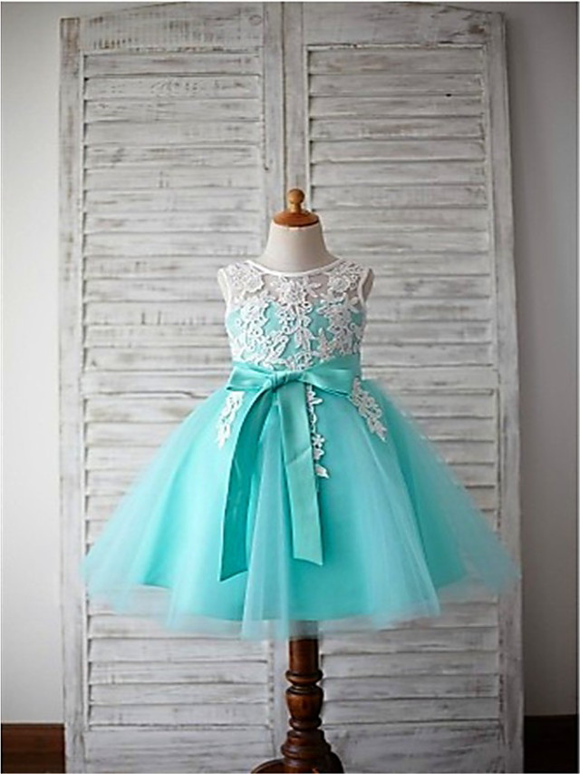 A-Line Knee Length Wedding / First Communion / Pageant Flower Girl Dresses - Lace / Satin / Tulle Sleeveless Jewel Neck With Appliques