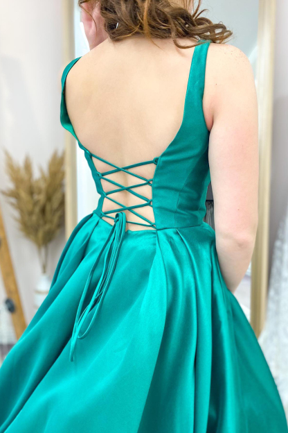 Classy A-line Spaghetti Straps Floor-length Ruched Satin Prom Dress With Pockets