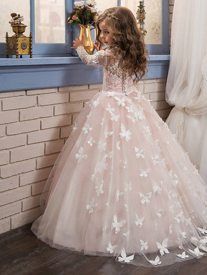 Long A-line Tulle Lace Jewel Neck Party Flower Girl Dresses with Sleeeves
