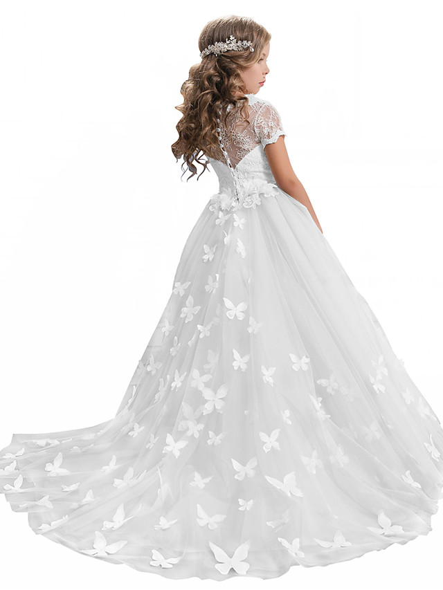 Long A-line Tulle Jewel Neck Appliques Lace Flower Girl Dresses with Sleeves