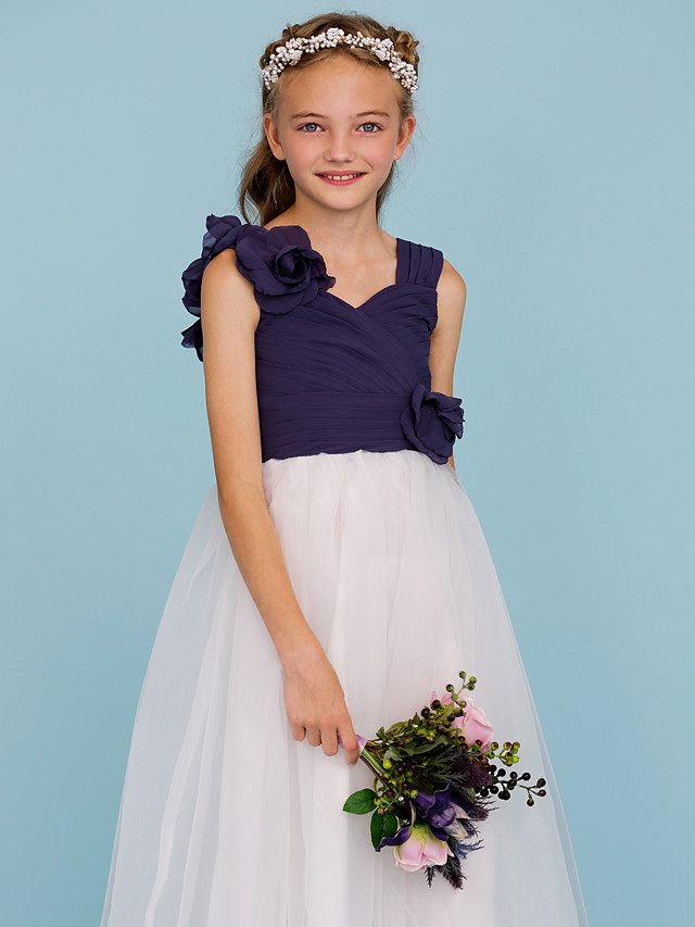 Princess / A-Line Straps Floor Length Chiffon / Tulle Junior Bridesmaid Dress With Criss Cross / Ruched / Flower / Color Block / Floral / Wedding Party