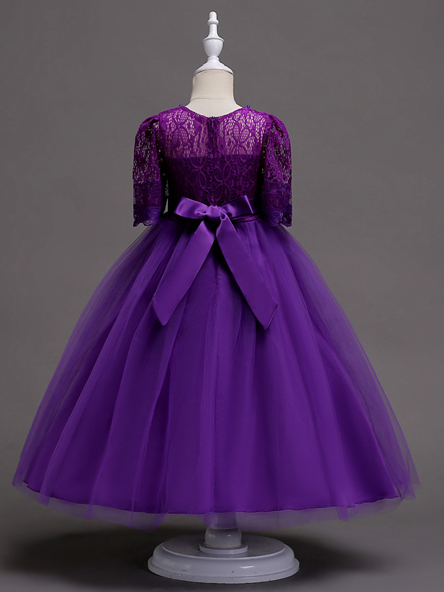 Princess Tea Length Wedding / First Communion Flower Girl Dresses - Lace / Satin / Tulle Half Sleeve Jewel Neck With Lace / Belt / Beading
