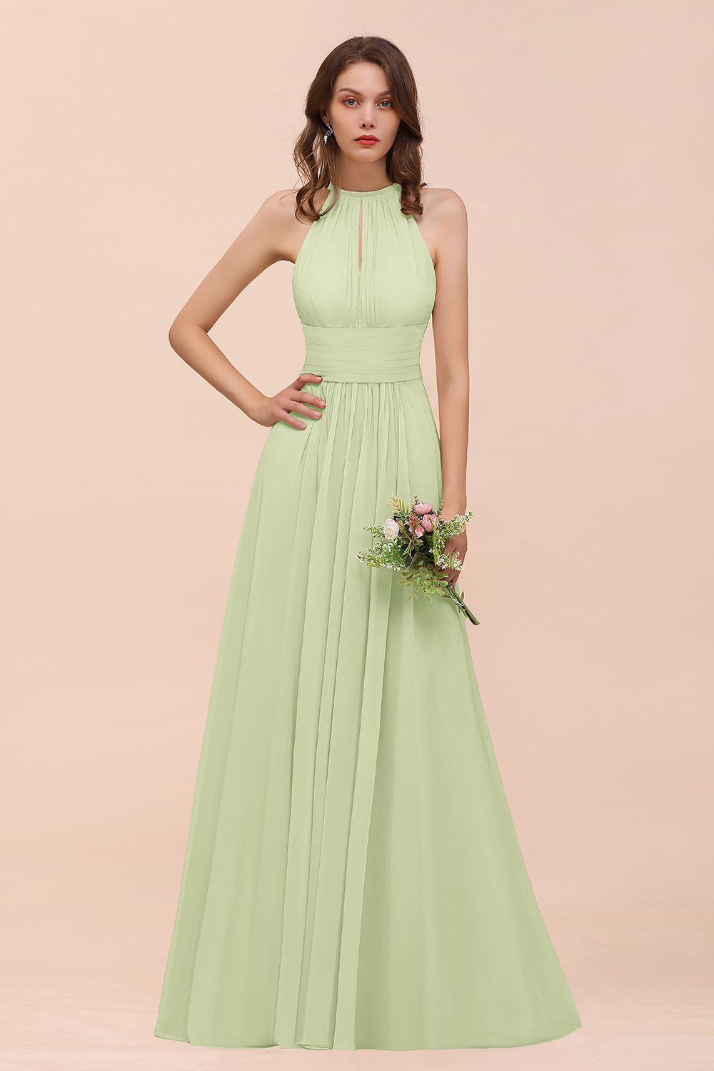 Elegant Long A-Line Jewel Ruffle Chiffon Champagne Bridesmaid Dress