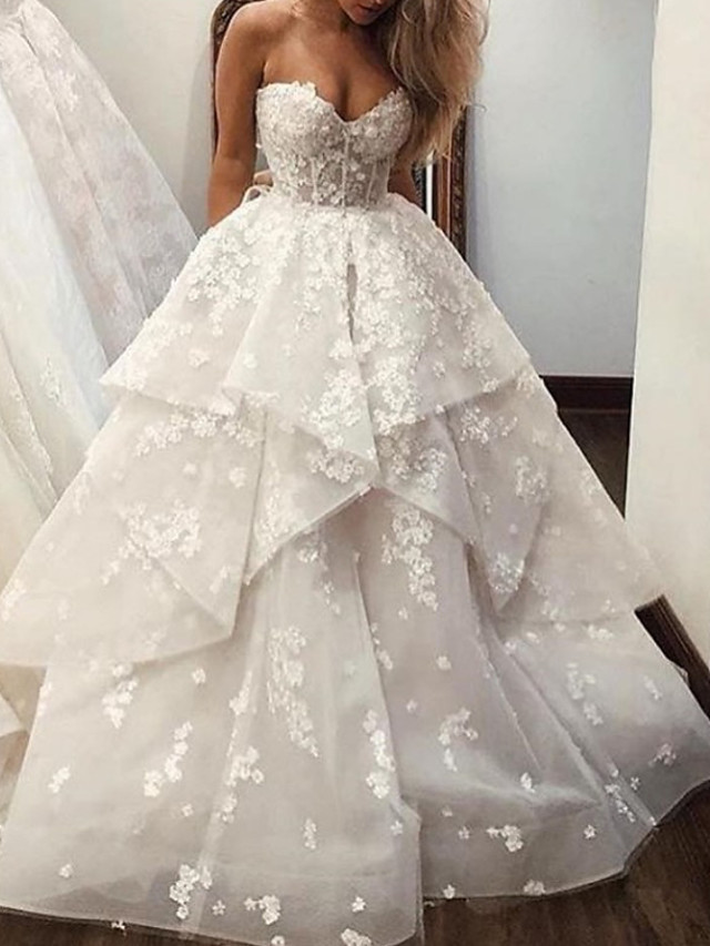 Long Ball Gown Sweetheart Brush Train Lace Tulle Sleeveless Wedding Dresses