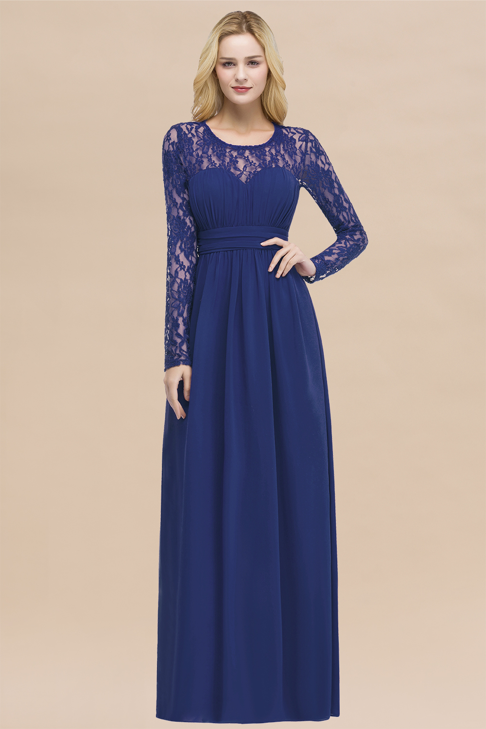 Elegant A-Line Chiffon Jewel Long Sleeves Ruffles Floor-Length Bridesmaid Dresses