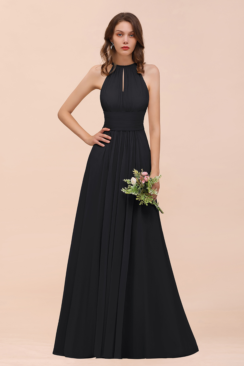 Elegant Long A-Line Jewel Ruffle Chiffon Champagne Bridesmaid Dress