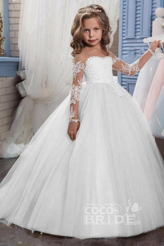 White Scoop Neck Long Sleeves Ball Gown Flower Girls Dress