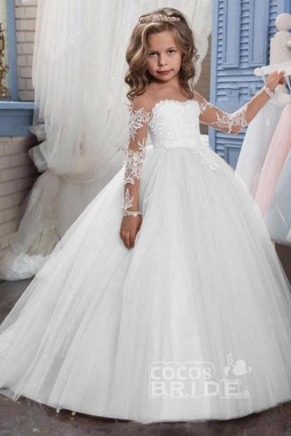 White Scoop Neck Long Sleeves Ball Gown Flower Girls Dress