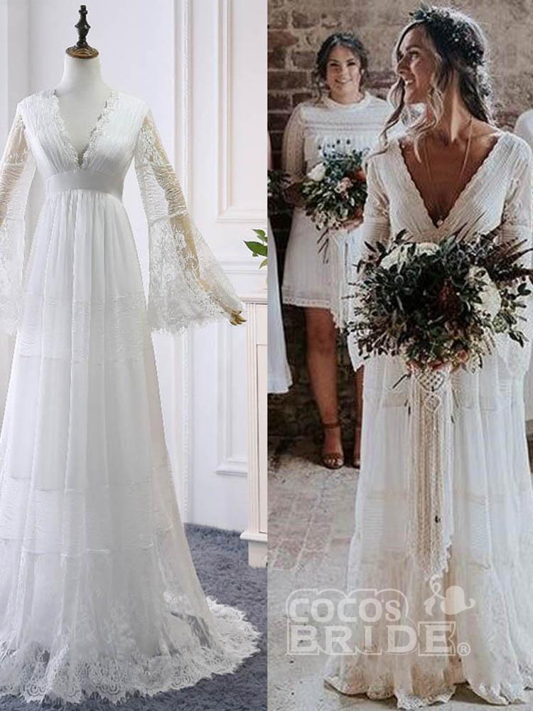 Elegant Long Sleeves A-line V-Neck Tulle Wedding Dresses
