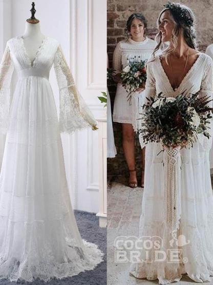 Elegant Long Sleeves A-line V-Neck Tulle Wedding Dresses