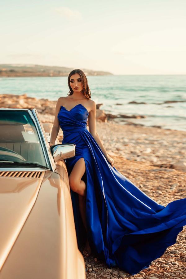 Charming Royal Blue Long A-line Sweetheart Satin Prom Dress with Slit