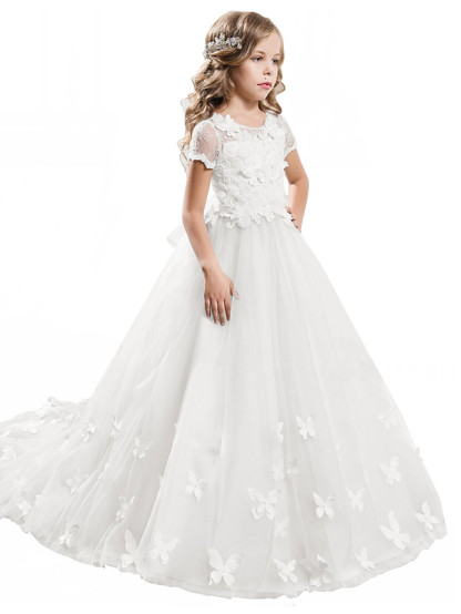 Long A-line Tulle Jewel Neck Appliques Lace Flower Girl Dresses with Sleeves