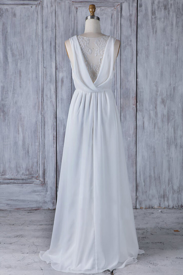 Elegant Long V-neck Ruffle Chiffon A-line Wedding Dress