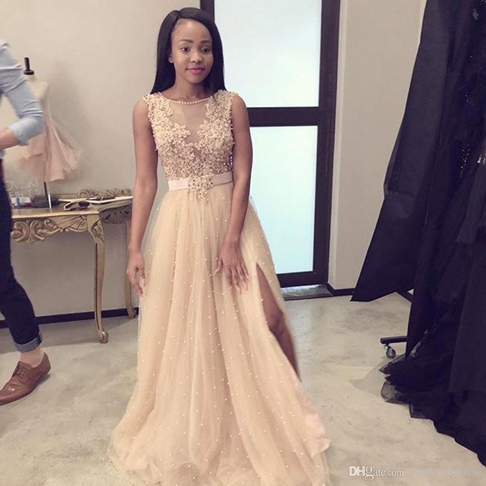 Charming Tulle Lace Appliques Pearl A-Line Bridesmaid Dress With Side Slit