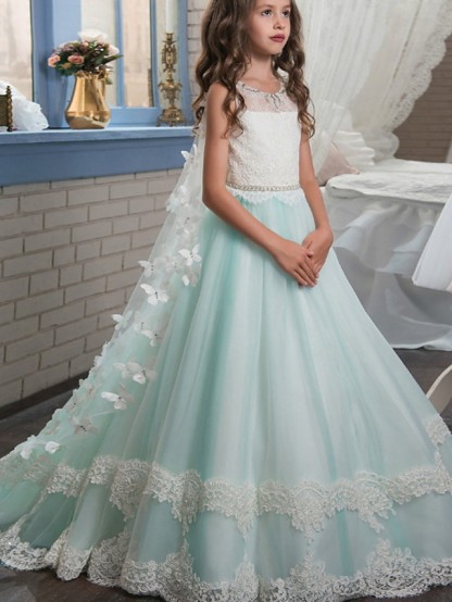 Ball Gown Floor Length Wedding / Event / Party Flower Girl Dresses - Polyester Sleeveless Jewel Neck With Appliques / Color Block