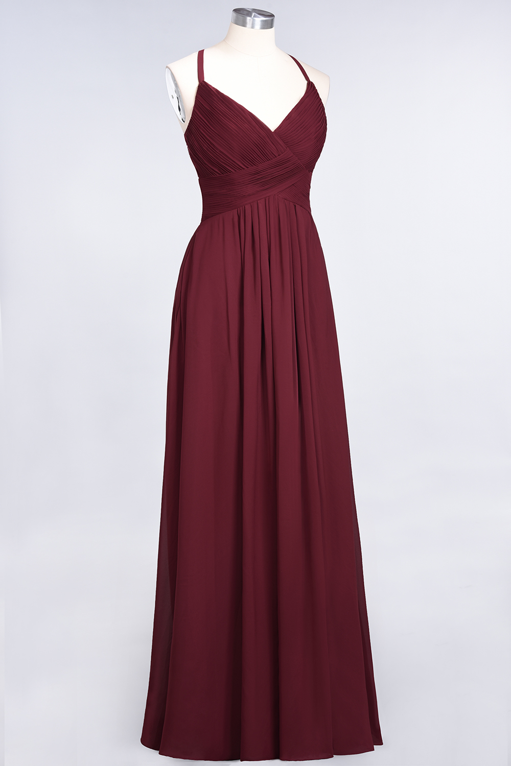 A-Line Chiffon Spaghetti-Straps V-Neck Sleeveless Floor-Length Bridesmaid Dress with Ruffles