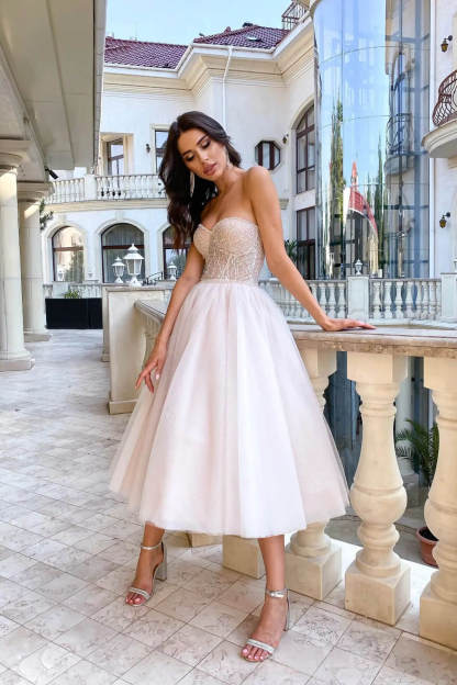 Short A-line Strapless Sleeveless Tulle Ankle length Prom Dresses