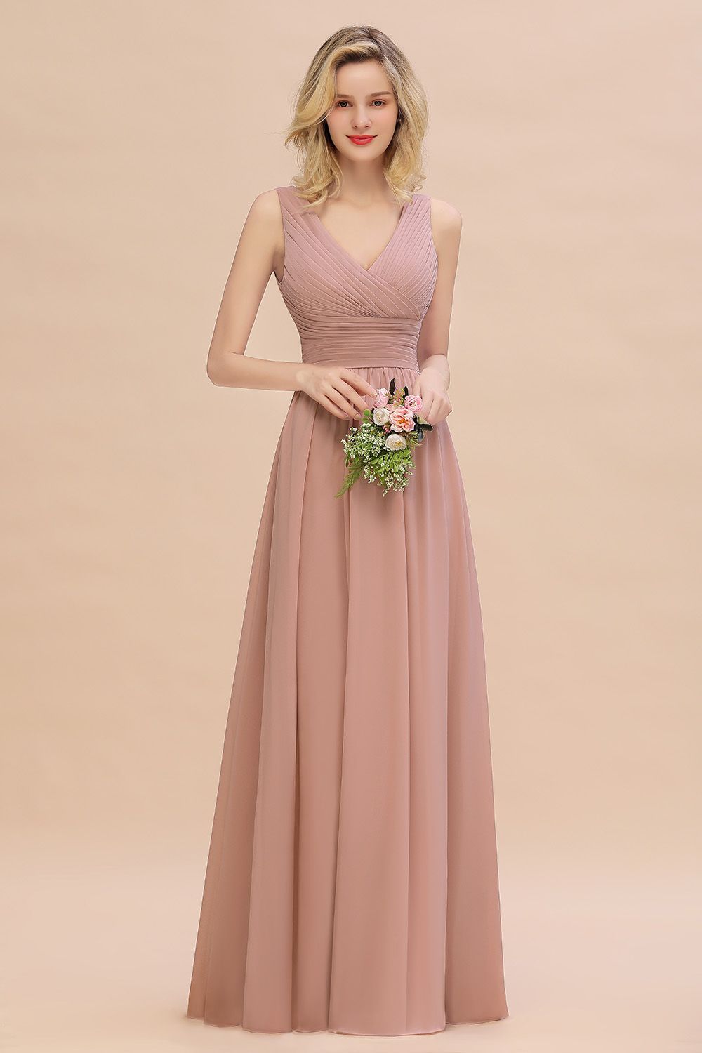 Elegant A-line V-Neck Ruffles Long Bridesmaid Dress
