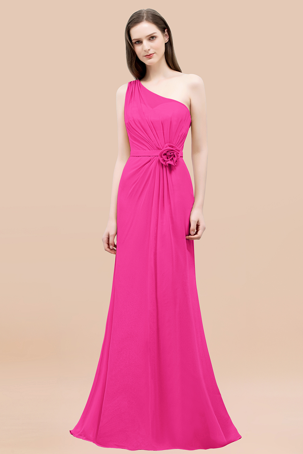 Mermaid Chiffon One-shoulder Sleeveless Ruffled Floor-Length Bridesmaid Dresses with Flower