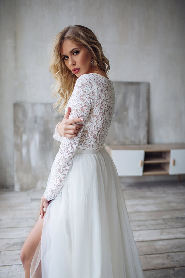Long A-line Lace Chiffon Two Piece Wedding Dress