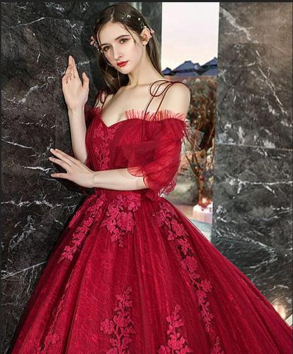 Gorgeous Train A-line Off-the-shoulder Spaghetti Straps Long Sleeve Appliques Lace Prom Dress